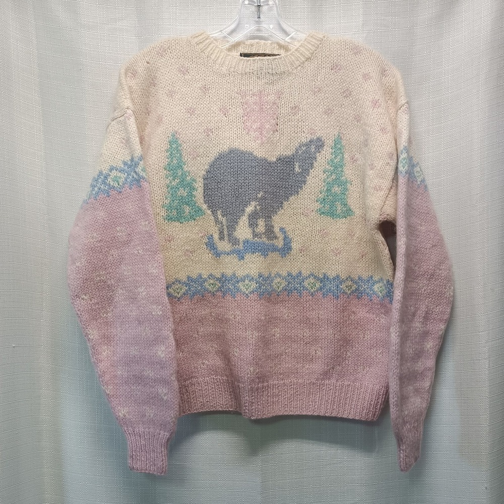 Vtg 1990 Eddie Bauer Wool Sweater Womens M Heavy Chunky Knit Wool Pastel Bear